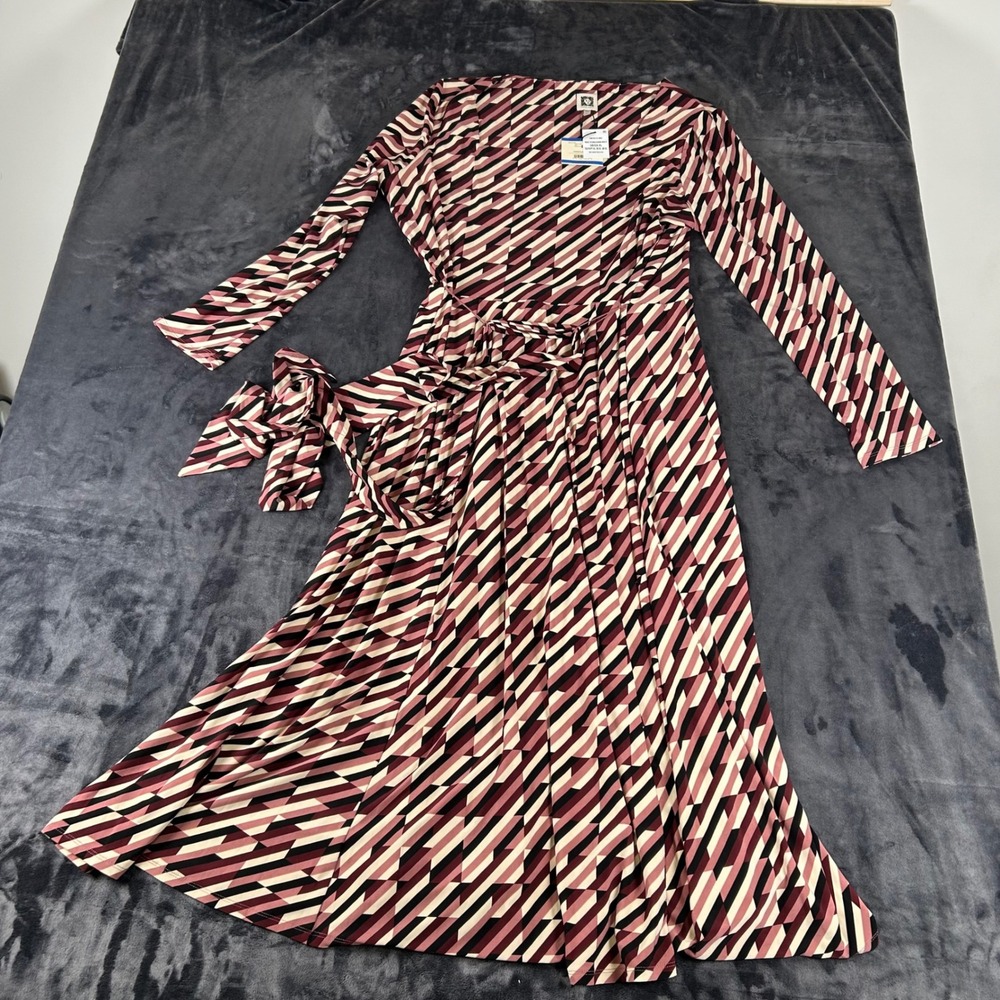 NWT Anne Klein Midi Dress Womens XL Rose Stone Multi Geometric Tie Waist